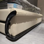 Creamy Ivory Upholstered Bed with Diamond-Quilted Detailing, Gilded Emblem & High-Gloss Natural Wood Veneer Trim